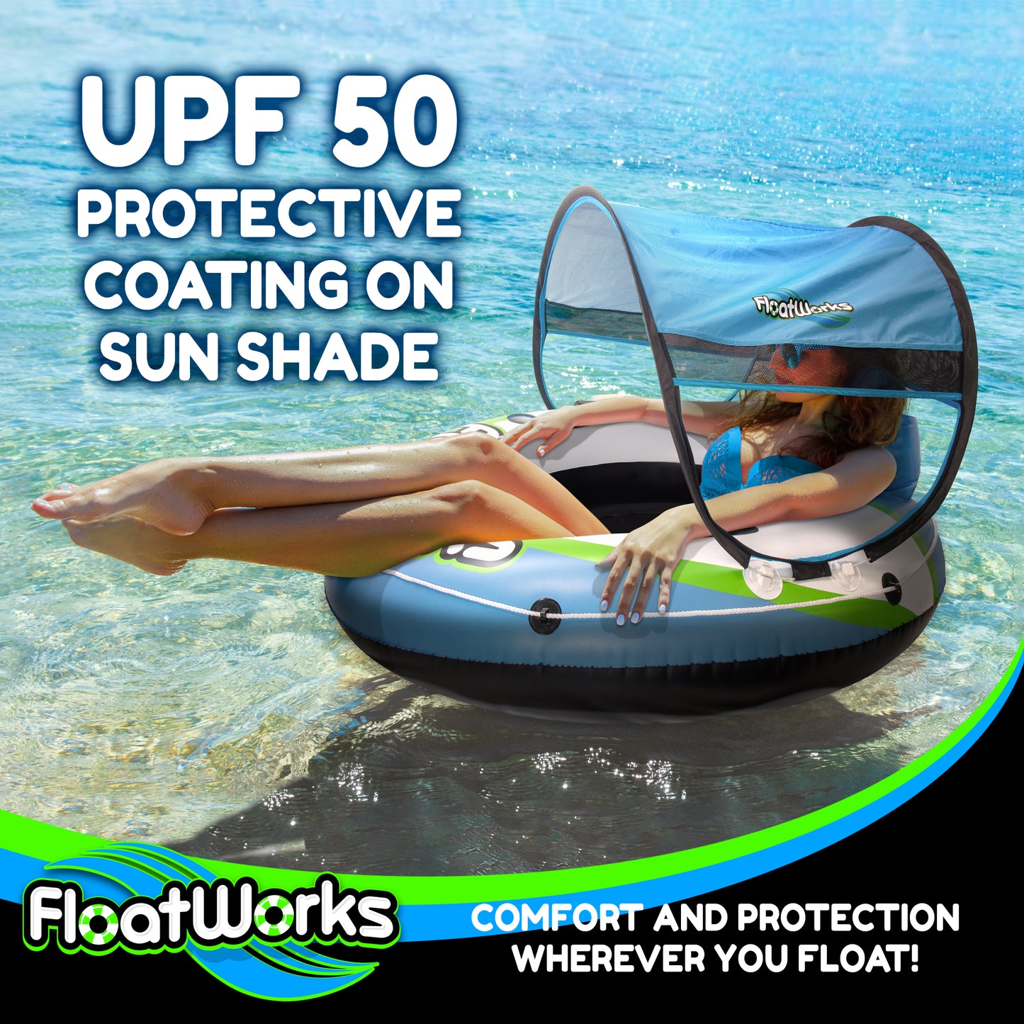 Floatworks 53in River Tube with Detachable Sun Shade Canopy